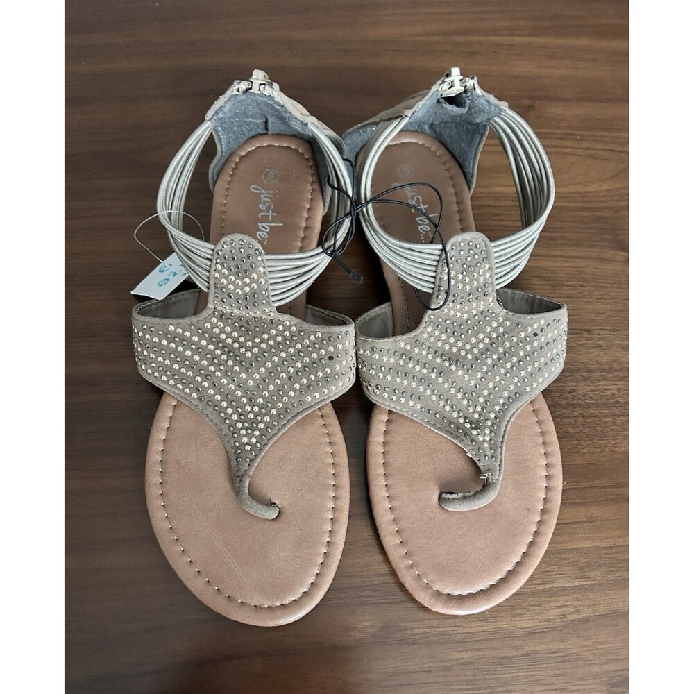 Just Be Women’s Light brown Rhinestone Strappy Ankle Strap Zip Sandals US 9 new